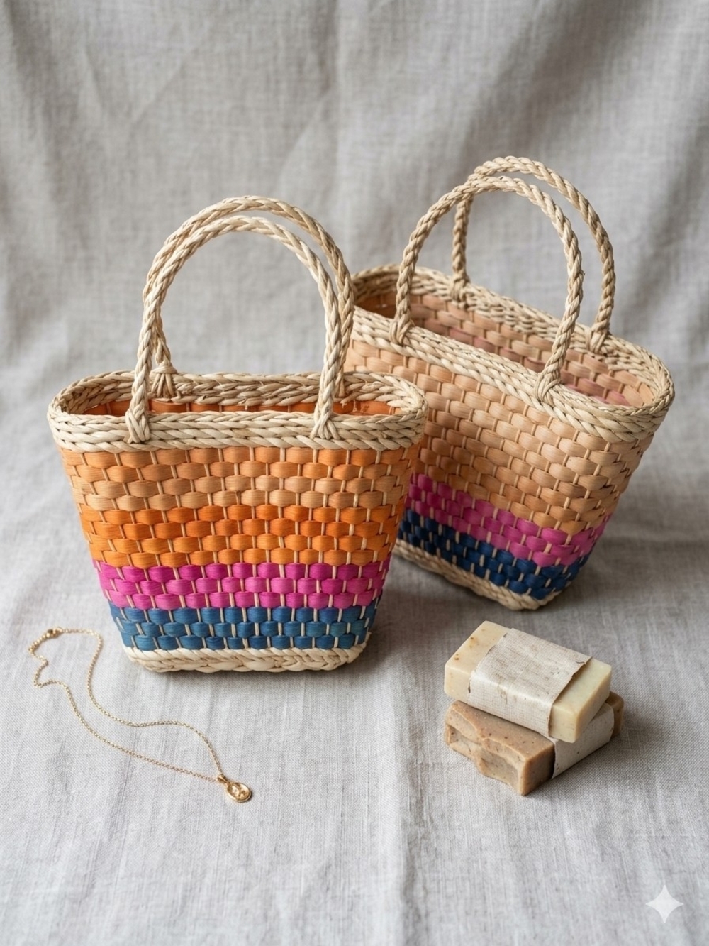 2 Handwoven Straw Tote Bag with Pink, Orange & Blue Stripes H6.5×L5×W2.5